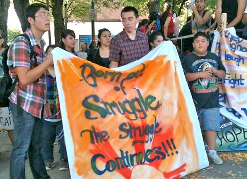 Students protest outside Social Justice High School in Chicago's Little Village-Lawndale neighborhood